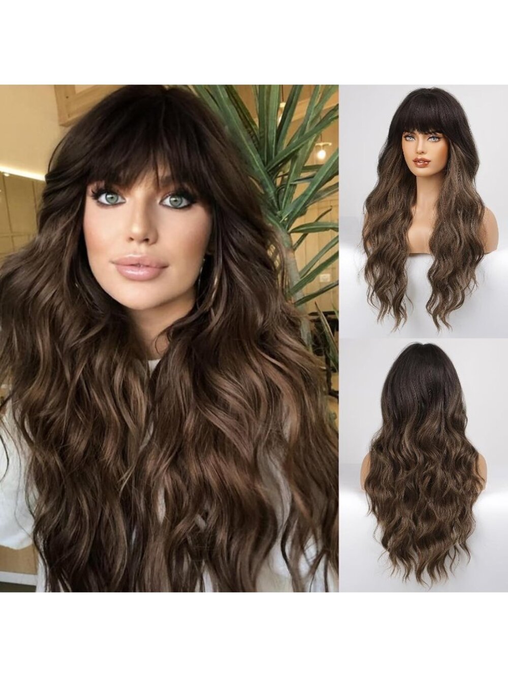 Women's Ombre Brown Heat Resistant Long Curly Wavy Synthetic Wig Bang Size 26In